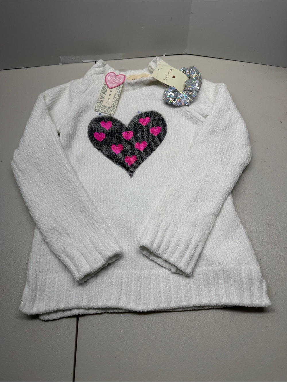 btween White Sweater with Gray Heart and Pink Hearts. NWT, size 8